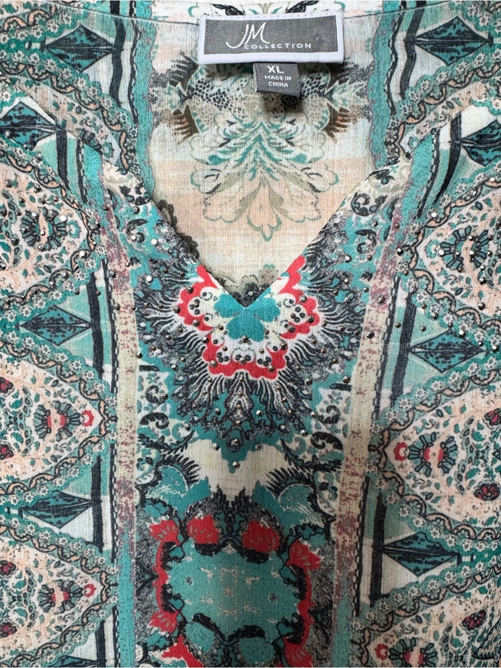 JM Collection Teal Multi-Pattern Open Front Kimono - Picture 6 of 12